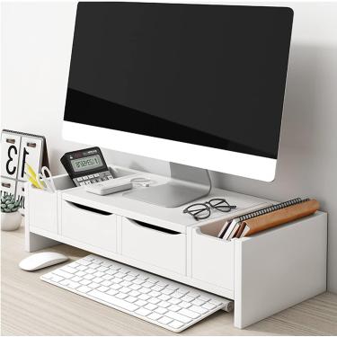 Imagem de Suportes Para Monitor Woode Economizam Espaço Organizador De Mesa Com Gaveta 2 Camadas Monitor Riser Desktop Stand Para Computador Tv De Tela Plana, White, Cabinet Door