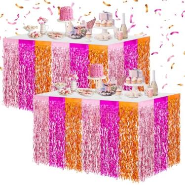 Imagem de JarThenaAMCS 2 peças de saias de mesa metálicas com franjas de folha de tinsel rosa claro rosa choque laranja ondulado tinsel saia de mesa brilhante decoração de festa para casamento aniversário noiva