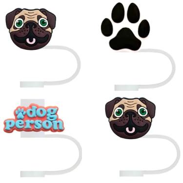 Imagem de STRACOUPI Tampa de palha de silicone Pug para copos Stanley, acessório decorativo reutilizável, pacote com 4 (pug)