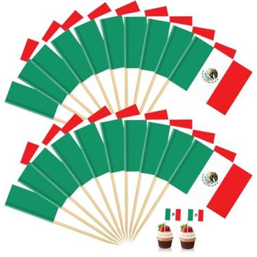 Imagem de 200 Palhetas de topos de palito de bandeira do México pequenas, mini bandeiras de cupcake mexicano em palitos de madeira para Cinco de Mayo, Dia da Independência, festas patrióticas, bebidas
