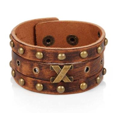 Imagem de Pulseira Masculina Couro Marrom Tribal Bracelete Masculino Executivo R