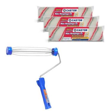 Imagem de Kit 3 Rolos de Pintura Não Respinga + 1 Cabo - Castor