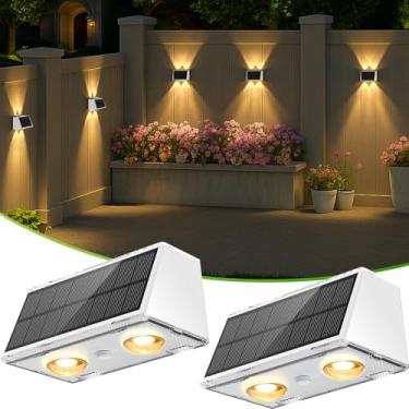 Imagem de LANSOW Pacote com 2 luzes solares para cerca, luzes movidas a energia solar ao ar livre, 9 modos quente/frio branco e RGB Up-Down LED Spot Wall Lights Decoração do crepúsculo ao amanhecer para quintal