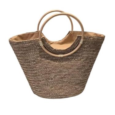 Imagem de Bolsa de Praia em Palha Trançada, Alças de Madeira, Design Cesta Artesanal Praia Piscina, 39 x 29 x 16 cm (Palha Esurca)