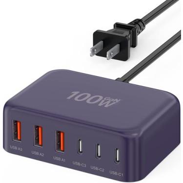 Imagem de Carregador rápido USB C 100W GaN, estação de carregamento de 6 portas 