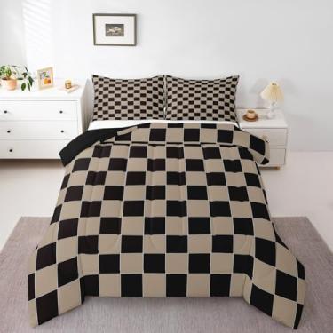 Imagem de Erosebridal Conjunto de edredom queen xadrez geométrico, bege, preto, marrom, quadriculado, quadriculado, para crianças, meninos, homens, conjunto de edredom moderno para decoração de quarto, 3 peças