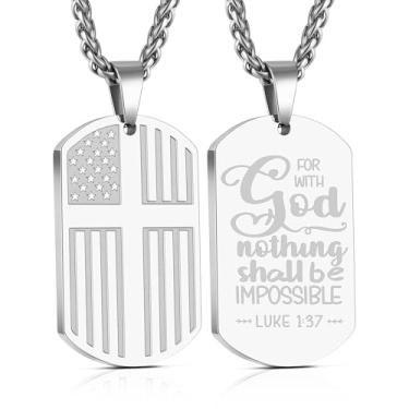 Imagem de Yanxyad Cruz etiqueta de cão bandeira americana versículo bíblia colar de aço inoxidável corrente pingente militar joias religiosas presentes para homens adolescentes 55 + 5 centímetros, Medium, Aço