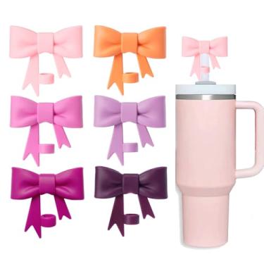 Imagem de HIUSITY Cobertura de palha de laço rosa para Stanley Cup, topo de palha rosa de silicone para copo com alça 1,134 g, tampa fofa de 10 mm/0,4 pol, tampas reutilizáveis para acessórios Stanley Cups, 6