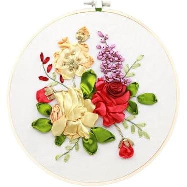 Imagem de SARBUTER Kits de bordado de fita, design floral 3D com moldura, kits de costura de carimbo de arte de bordado DIY para decoração de casa (flores frescas-05)