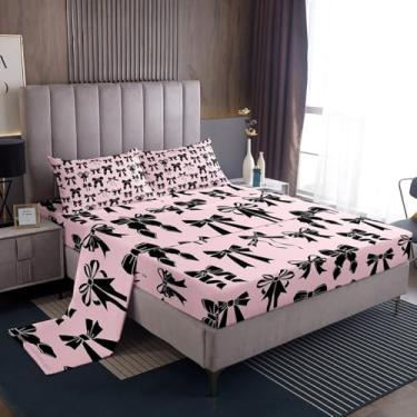 Imagem de Feelyou Jogo de lençol Queen com laço em aquarela, estampa de laço rosa, com bolso alto, com laço kawaii, estilo princesa sonhadora, decoração de quarto, 4 peças com 2 fronhas