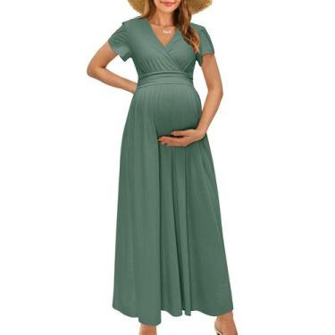 Imagem de Vestido maxi de maternidade OUGES Summer Wrap, decote em V, cinza, ver