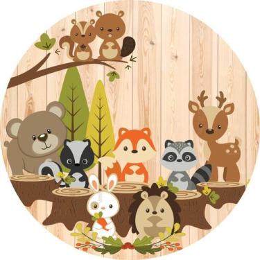 Imagem de Painel de Lona Redondo Animais Do Bosque Fundo De Madeira - Fabrika De