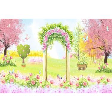 Imagem de Painel de Tecido Sublimado Jardim Aquarela Arco de Flores e Borboletas