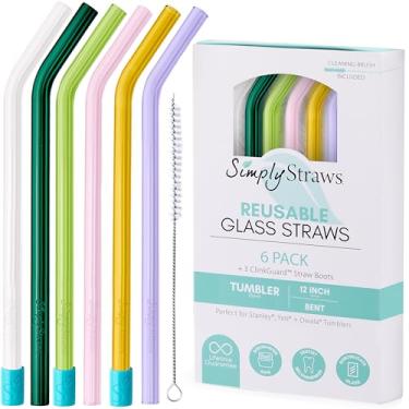 Imagem de Simply Straws Canudos de vidro de 30 cm dobrados (pacote com 6) – Canudos de vidro reutilizáveis para copo Stanley de 1,134 g, com escova de limpeza – Durável, seguro para lava-louças, uso quente e