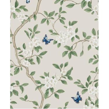 Imagem de VOLEAAR Papel de parede floral boho extra longo, 43 cm x 993 cm, papel de parede removível com flores de árvore chinoiserie para quarto, banheiro, papel de contato botânico de vinil vintage bege