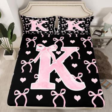 Imagem de Erosebridal Jogo de lençol solteiro com letra A-Z com laço e laço kawaii, princesa, ombré, aquarela e alfabeto