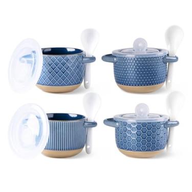 Imagem de GBHOME Tigelas de sopa de 623 g com alças e tampas grandes, conjunto de 4 tigelas de grés com colher para sopa, cereal, ensopado, tigelas de cozinha de cerâmica colorida, seguras para micro-ondas e