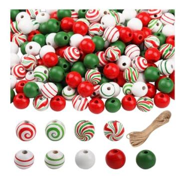 Imagem de MAHAVIMOKSA Contas de madeira de Natal mistas de 16 mm com espiral de bengala doce e verde para artesanato faça você mesmo, festa de Natal, decoração de férias em casa