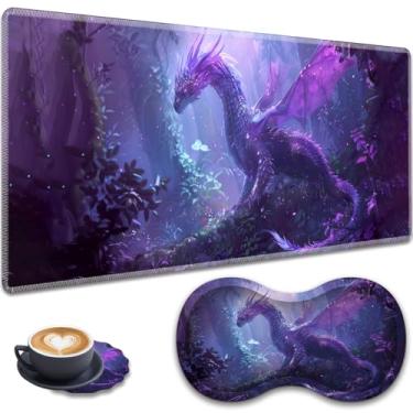 Imagem de Mouse pad grande para jogos + descanso de pulso + porta-copos de renda, conjunto antiderrapante, com bordas costuradas e tapete de mesa expansível à prova d'água, adequado para escritório/casa