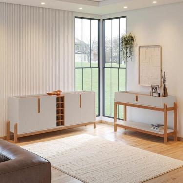 Imagem de Buffet 190cm e Aparador 2 Gavetas com Pés de Madeira Maciça Lizz Off White / Cedro