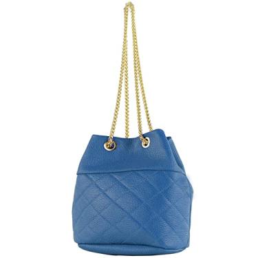 Imagem de modamoda de T245/T246 Bolsa feminina de couro italiano, fecho de corrente dourada, 20 x 14 cm, Azul sinal/couro, Small