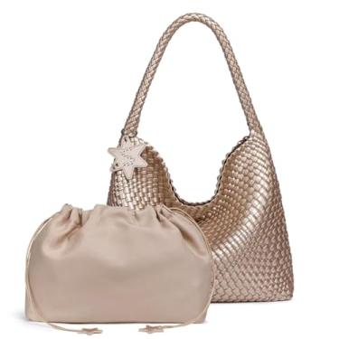 Imagem de ALWY Bolsa Feminina Grande Couro Tressê Sintético Reforçado Impermeável Tiracolo, Bolsa Hobo, Couro PU (Prata)
