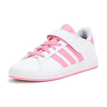 Imagem de adidas Tênis infantil unissex Grand Court 2.0 com cadarço elástico e alça (criança pequena), Branco/Rosa Bliss/Preto, 12 Little Kid