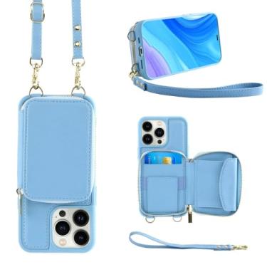 Imagem de Capa de telefone de couro com alça longa crossbody para iPhone 15 Pro Max 14 Plus 13 12 11 Pro Capa de bolsa de cartão carteira com zíper com cordão, azul celeste, para iPhone13