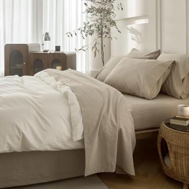 Imagem de BDEAR Jogo de cama queen cinza de linho 4PS, Oeko-TEX padrão, 100% algodão lavado, como linho, lençol com elástico alto, lençol de cima aconchegante e 2 fronhas