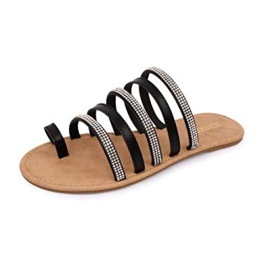 Imagem de Sandálias femininas deslizantes com tiras strass bico aberto gladiadora sandália sem dedo deslizante casual verão praia sandália, Preto, 8