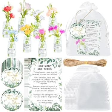 Imagem de Cinrobiye Conjunto de 50 lembrancinhas de casamento, mini buquês de flores em garrafas de vidro com sacos de organza, etiquetas de cartões de agradecimento e barbante de juta, lembrancinhas de festa