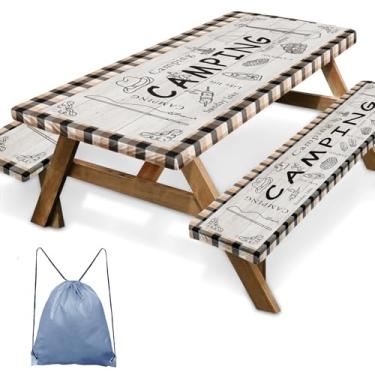 Imagem de Britown Capa de mesa de piquenique com bordas elásticas, capa de mesa verde para campista, itens essenciais para acampamento ao ar livre, 182 cm, 3 peças, toalha de mesa impermeável para acampamento
