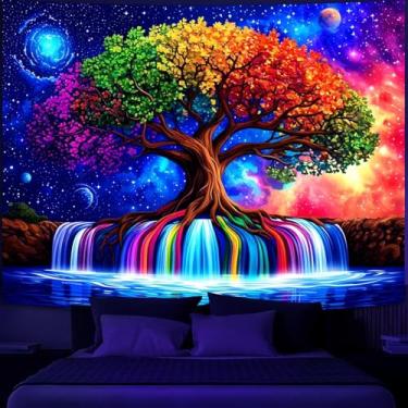 Imagem de Simpkeely Tapeçaria Árvore da Vida Luz Negra – Fantasia UV Reativa Colorida Arco-íris Cachoeira, Pôster Natureza Galáxia Brilhante no Escuro para Quarto, Sala de Estar, Dormitório – 180 cm x 230 cm