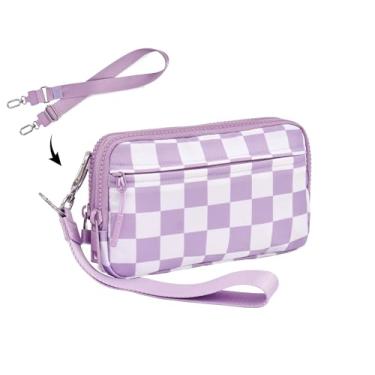 Imagem de UIBRN Carteiras transversais quadriculadas para mulheres, bolsa clutch de nylon com 4 zíperes RFID com 2 tiras, porta-cartão de crédito pequeno, Lavanda