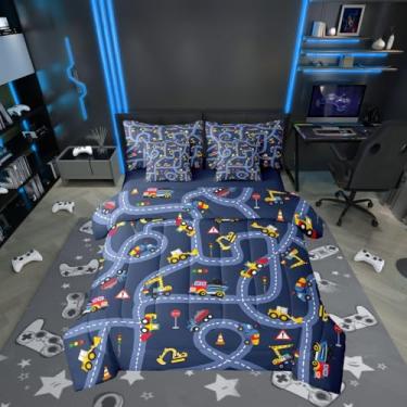 Imagem de Jogo de cama casal com desenho animado de caminhão azul, transporte de veículo de carro, 7 peças, para crianças, adolescentes, adultos, tema de trânsito rodoviário, esportivo, conjunto de lençol com