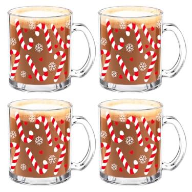 Imagem de Whaline 4 peças de canecas de café de vidro de Natal com alça vermelho branco cana doce de Natal canecas de café canecas de bebidas para bebidas quentes e frias, festa de férias de inverno em casa
