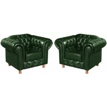 Imagem de Kit 2 Poltronas Chesterfield Luís Xv Vintage Retrô Capitonê Couro Verde