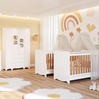 Imagem de Quarto de Bebê Gêmeos 2 Berços Americano Ben Guarda Roupas 4 Portas Uli 100% MDF