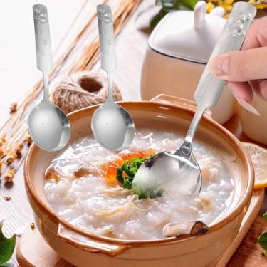 Imagem de 3 peças de colher de sopa de cabo longo de aço inoxidável, padrão de coala, casa, restaurante, colheres de jantar, utensílios de cozinha, acessório (16,1 x 4,8 cm)