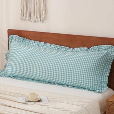 Imagem de YHJWW Capa de travesseiro de corpo azul-petróleo guingão 100% algodão lavado como linho sensação macia e confortável 1 pacote capa de almofada decorativa xadrez xadrez fofa (50 x 137 cm, fecho de