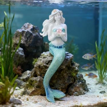 Imagem de Teaeeno Decorações exclusivas de aquário de sereia, kit de enfeites de casa, decoração de aquário, estátua de decoração de sereia encantadora, ornamentos temáticos de decoração de aquário de resina