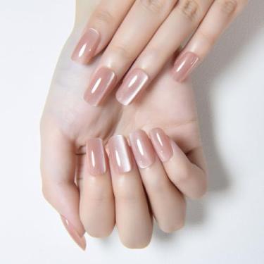 Imagem de Nude Prensa Olho de Gato em Unhas Quadradas Médias e Quadradas Médias com Cola de Gelatina Cromada para Presente, Nude Holographic Glitter Brilhante Reutilizável Macia Cola de Gelatina com Desenhos