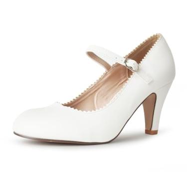 Imagem de J. Adams Sapatos femininos salto mel - bico redondo com borda recortada retrô Mary Jane - salto Mary Jane vintage para mulheres, Couro vegano branco, 41