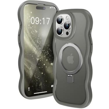 Imagem de [Linda moldura ondulada + suporte Mag] Capa projetada para iPhone 15 Pro Max, [Apto para MagSafe] Capa protetora de silicone translúcido com anel magnético para iPhone 15 Promax de 6,7 polegadas