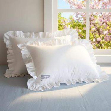Imagem de SP COTTON 100% algodão egípcio fronhas com babados 50,8 cm x 66 cm conjunto de 2 fronhas decorativas com fecho de zíper, cor - branco liso