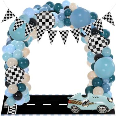 Imagem de Soulchen 161 Pcs Race Car Balloon Garland Arch Kit Include Long Racetrack Mat Checkered Flags Banner Dusty Blue Black Latex Balloon Check Flag Balloons for Race Car Birthday Party Decor