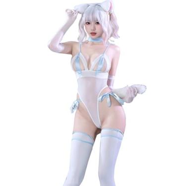 Imagem de YOMORIO Lingerie sexy de gato branco cosplay para mulheres, body de pelúcia de malha transparente