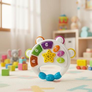 Imagem de Pandeiro Musical Infantil Com Luz Sons E Melodias Educativas Tambourine Sensorial Bebê 18M+ (Branco)