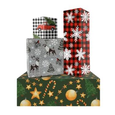 Imagem de Boerni Folha de papel de embrulho de Natal dobrada plana - 8 folhas de papel de embrulho de Natal com árvore de Natal, rena, caminhões vermelhos e flocos de neve xadrez - Embrulho de presente de Natal
