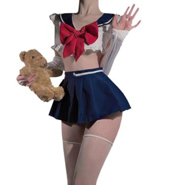 Imagem de SENJIY sexy schoolgirl outfit for women Lingerie Cosplay Costume Sailor Japanese Cute Short Dress Swimsuit Anime Roleplay JK Uniform bow crop top Mini Skirt Thong Navy Blue